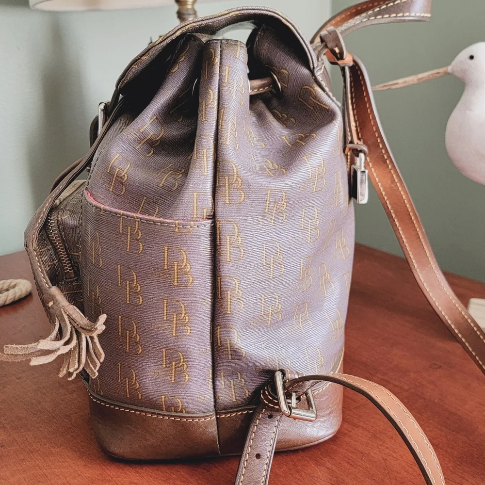 Dooney & Bourke DB Monogram Backpack Pewter Gray Coated Canvas Leather Bag